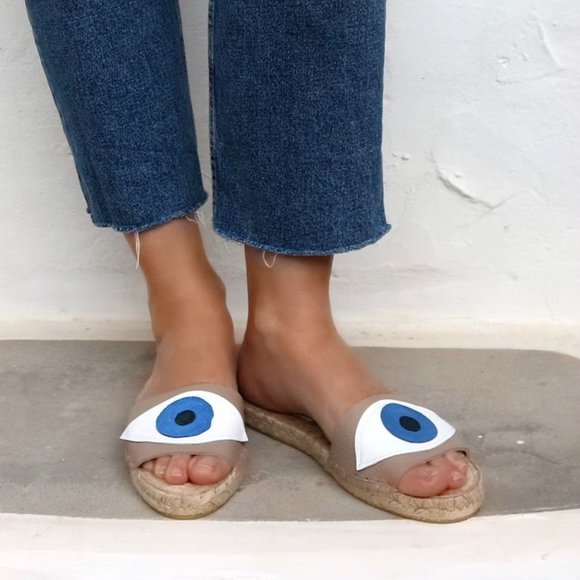 MASLINDA Evil Eye Espadrilles Slides in Beige - Picture 3 of 11